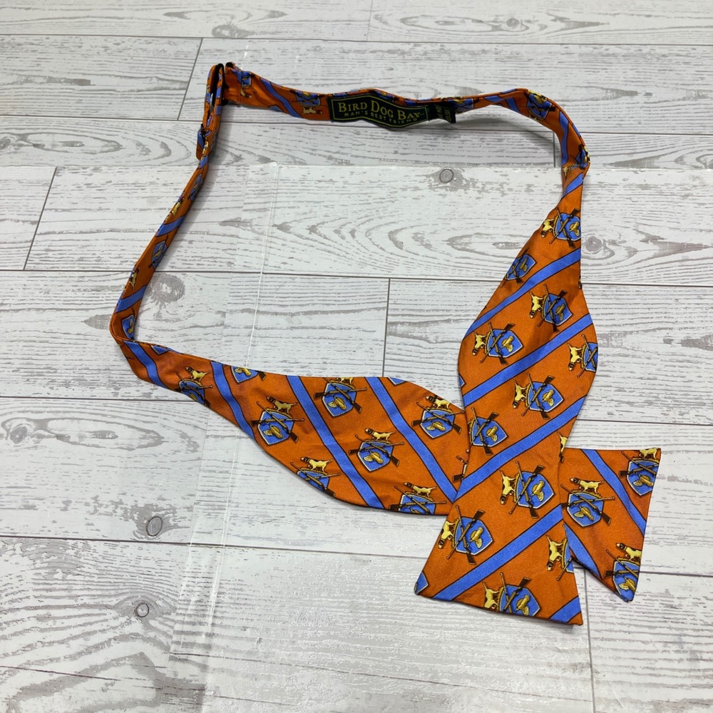 Bird Dog Bay Mens Silk Bow Tie Orange Blue Striped Hunting Dog Crest Shotgun